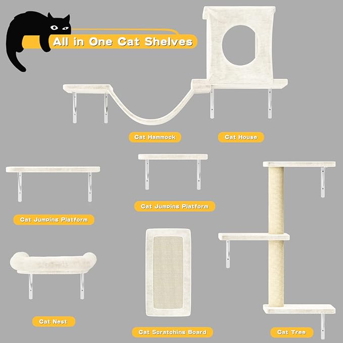 NUNU LAB Wall Mounted Cat Climber Set, 6 Pcs Cat Furniture Set with House, Bridge, Steps, Scratcher Board and Hammock, Shelves for Indoor, Luxury Walls Furniture, White