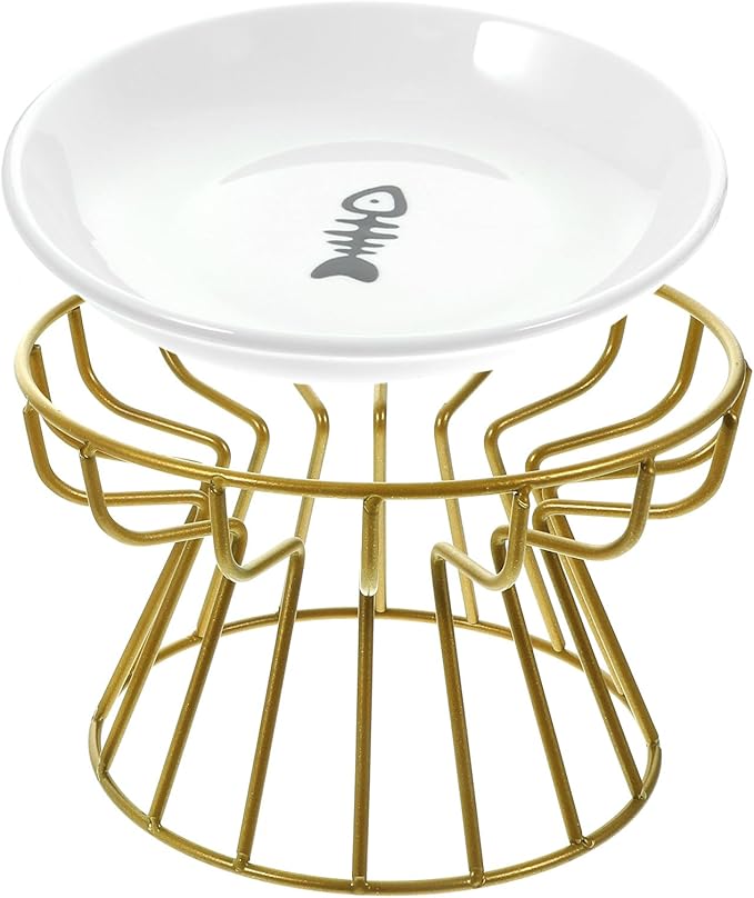 Garneck Elevated Cat Food Bowl with Ceramic Whisker-Friendly Dish and Gold Metal Stand, Anti-Vomiting Raised Pet Feeder for Cats, Compact Feeding and Watering Bowl for Indoor Use