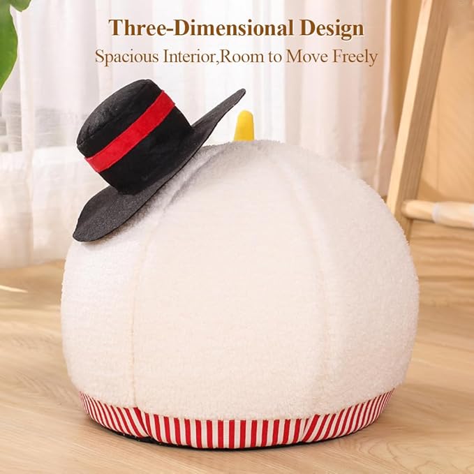 Cute Snowman-Shaped Enclosed Cat Bed Cave - Warm and Cozy Winter Cat Hideaway for Indoor Cats, Funny Christmas Themed Pet House with Washable Mat, All-Season Comfort for Kittens and Small Dogs