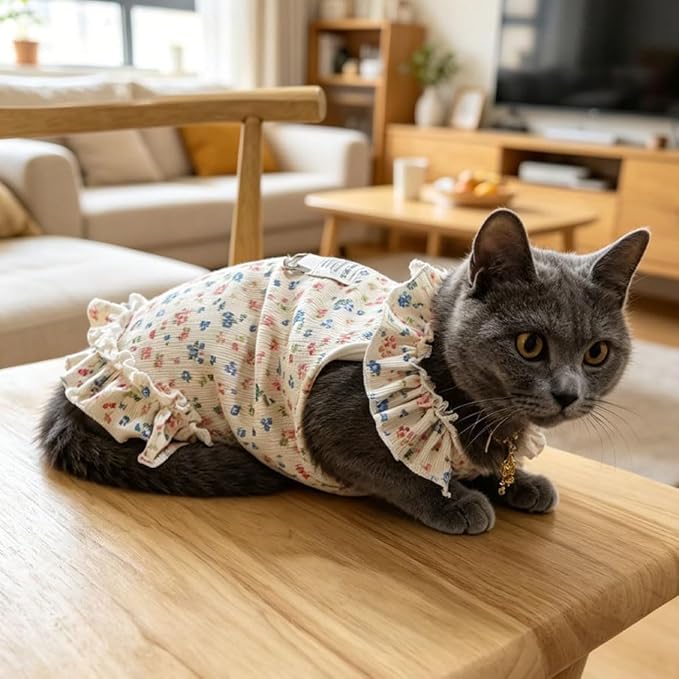 Dog Cat Cooling Summer Dress with D-Ring, Ice Silk Mesh Breathable Pet Clothes, Anti-UV Mosquito Proof, High Elastic Ruffle Dress & Half Belly Cover for Small Dogs Cats(Faint Yellow, X-Large)