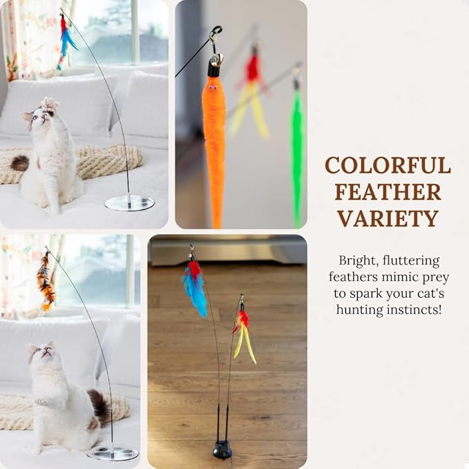 Interactive Cat Toys for Indoor Cats - 6 Feathers 3 Worms Double Sided Suction Cup - Round Base Teaser Wand - Self Play Bird Hunting - Bored Adult Feline Solo Activity - Kitten Juguetes para Gatos