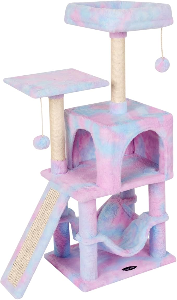 Rainbow Cute Cat Tree for Indoor Cat Tower with Scratching Post Modern Activity House Hammock Hanging Ball Condo with Board