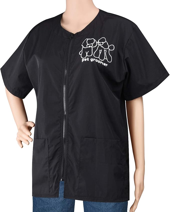 Noverlife Short Sleeves Pet Grooming Work Clothes with Full Zipper, M Size, Splash Proof Anti-Static Pet Beautician Smock, Dog Cat Groomer Cosmetologist Uniforms