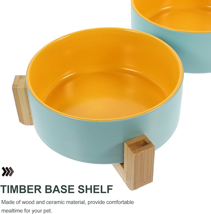 Ceramic Elevated Cat Bowls with Dual Color Glaze and Anti-Slip Wood Stand, Small Size Double Dish for Indoor Pet Feeding and Watering Supplies