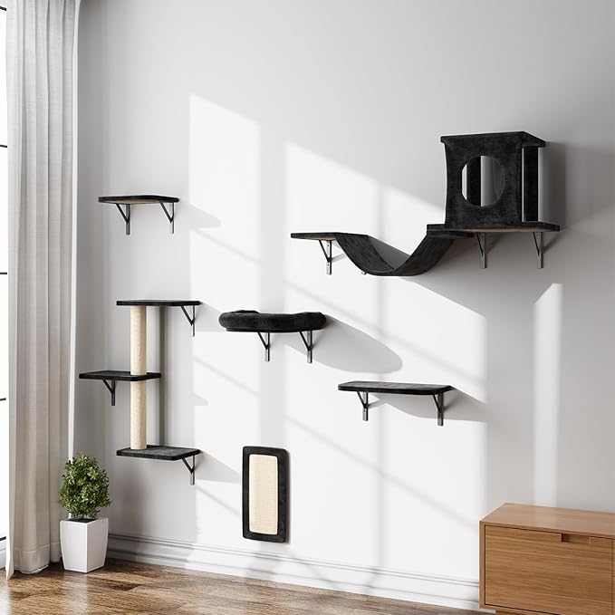 NUNU LAB Wall Mounted Cat Climber Set, 6 Pcs Cat Furniture Set with House, Bridge, Steps, Scratcher Board and Hammock, Shelves for Indoor, Luxury Walls Furniture, Black