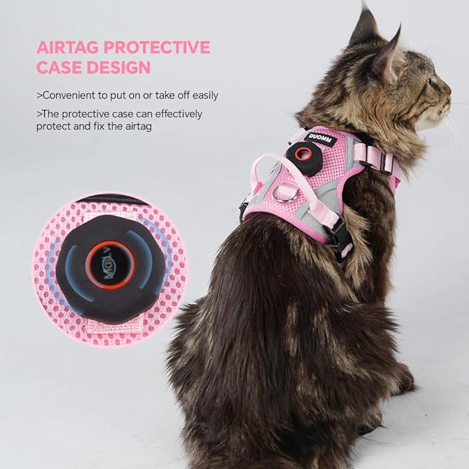 Cat Harness and Leash Set with AirTag Holder: Upgraded Escape Proof Vest with Lead for Small Dog Puppy Large Cat Walking，Soft Breathable Mesh Coat with Reflective Strip (Pink, M)