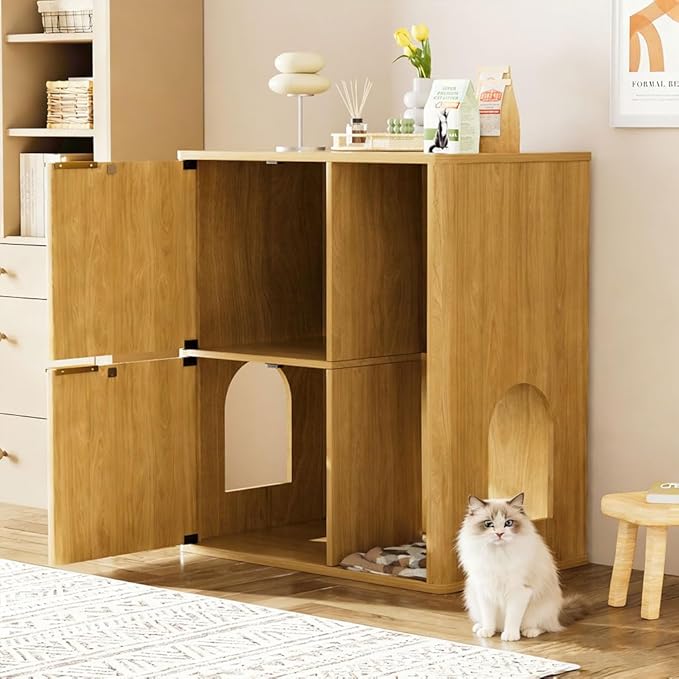 31.5" Cat Litter Box Enclosure Furniture, Fluted Hidden Litter Box Cabinet with Storage Shelf & Scratching Post, Wooden Cat House Side Table with Dual Entry Doors for Indoor Cats, Natural,Natural