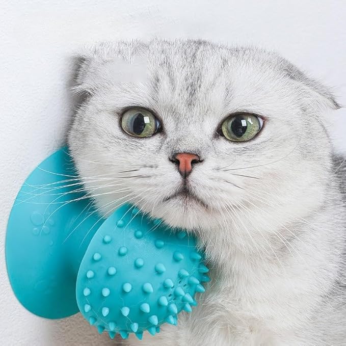 Cat Self Groomer with Suction Cups – Wall-Mounted Pet Massage Brush for Itching & Fur Shedding – Cat Scratch and Rub Toy for Indoor Cats – Easy to Install, 7x7x7.5cm (Blue)