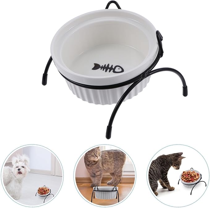 Ceramic Cat Bowl with Iron Raised Bracket, White Fishbone Pattern Pet Feeder, Neck Protection Elevated Cat Food and Water Dish, 2pcs Set for Indoor Feeding