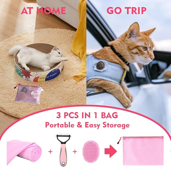 Cat Bath Towel 3pcs Grooming Brush Kit - Shedding Brush for Long-Haired Cats, Indoor Cats with Flea Comb, Pink