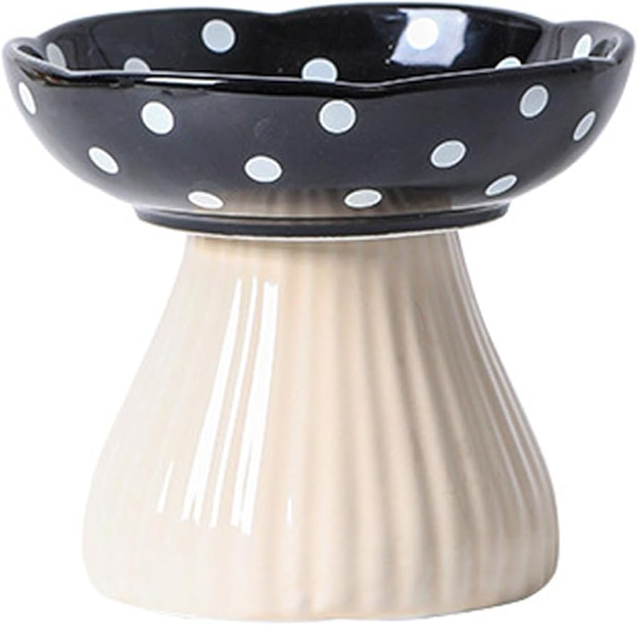Mushroom Elevated Cat Bowls Ceramic, Raised Cat Bowl for Indoor Cats, Cute Whisker Fatigue Cat Bowl, Raised Dog Bowls Stand for Food and Water, Black 6" Wide for Adult Cats