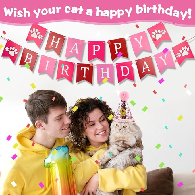 Cat Birthday Party Supplies, Adjustable Cat Birthday Hat with Numbers, Bandana, Bow Tie, Banner for Cat Kittens Decorations, Fun Pet Celebration Kit(Color:Pink)