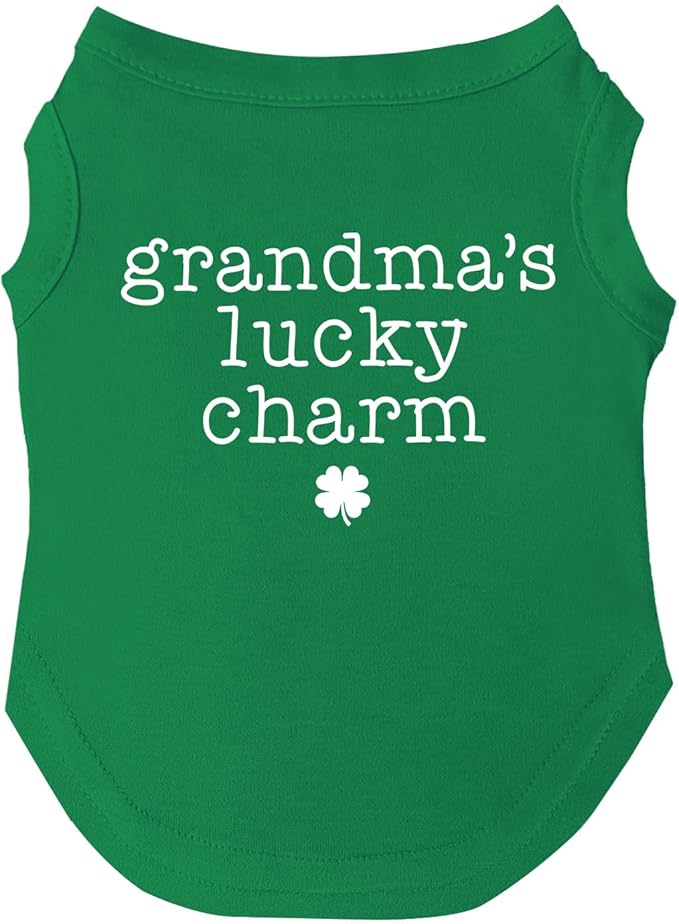 Grandma's Lucky Charm Dog Tee Shirt | Sleeveless Breeds | St.Patrick's Day | Lucky | Shamrock | Irish Holiday |Green, Large 1204