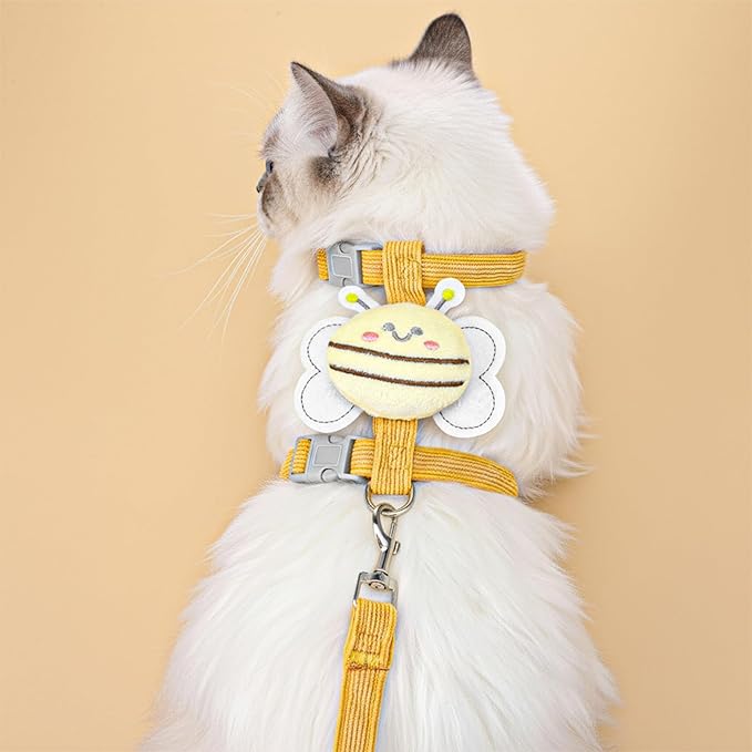 Cat Collar and Leash Set, Yellow Bee Pattern,Escape Proof Adjustable Kitten Harness, Soft Breathable Mesh for Small Cats, Bunnies, Rabbits