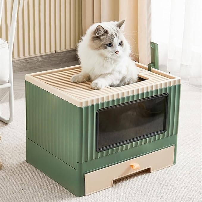 Pet Supplies, Foldable Top Entry Cat Litter Box with Lid, Anti Splashing & Drawer Design(Blue)