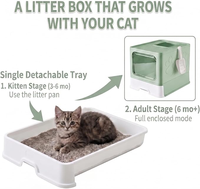 Medario Cat Litter Box with X-Large Litter Mat and Scoop, Large Covered Litter Box with Lid, Enclosed Kitty Box,Front Top Entry Exit, Odor Control Easy to Clean (Upgrade Green)