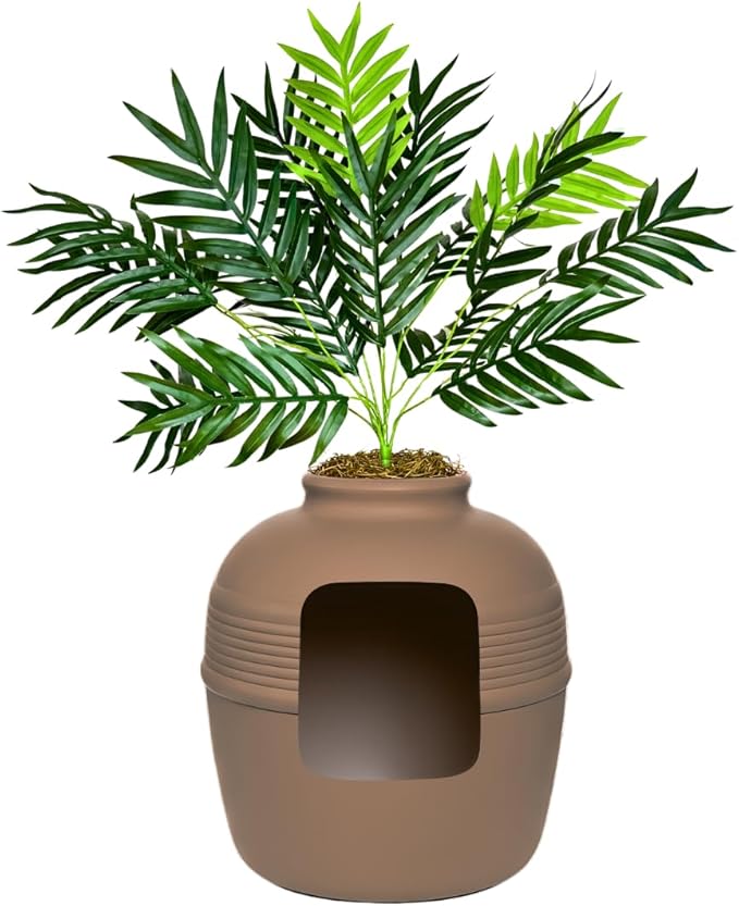 Good Pet Stuff Hidden Cat Litter Box Enclosure, Decorative Round Planter, No Plant, Vented Carbon Charcoal Filter for Odor Control, Easy-to-Clean, Made in USA, Casing, Mocha Brown