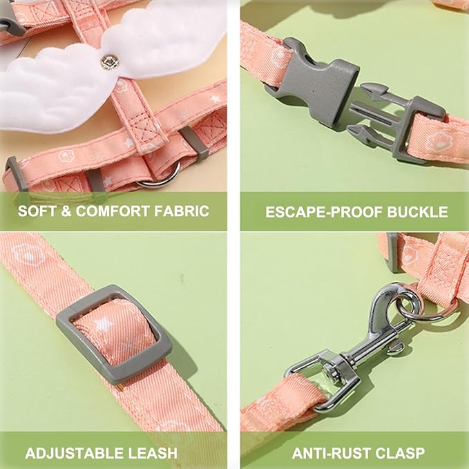 Cat Harness and Leash Set for Outdoor Travel Walking Escape Proof Soft Safe Adjustable Kitten Puppy Small Strap Cute Angel Style, Pink Wing, M