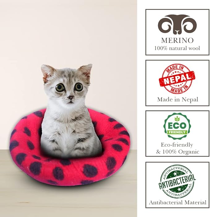 Woolygon Premium Felt Cat Cave Bed – Wool Kitty Beds Handcrafted Kitten Caves Bed for Indoor Cats - Made from Merino Wool, Foldable Cat Hideaway Covered Cat House Pod (Red Polka)
