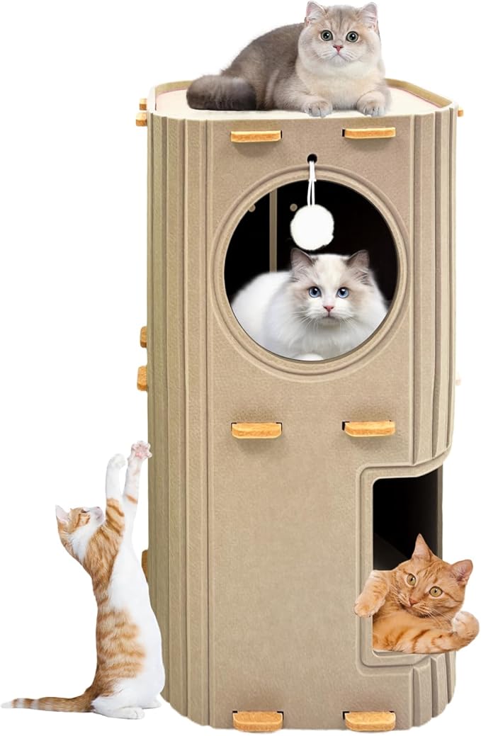 Homegroove Cat House for Indoor Cats, 2-Storey Cozy Felt Cat Bed Cave with Tunnel Hideaway, Large Multi-Cat Condo for Rest & Play (Camel, Large)