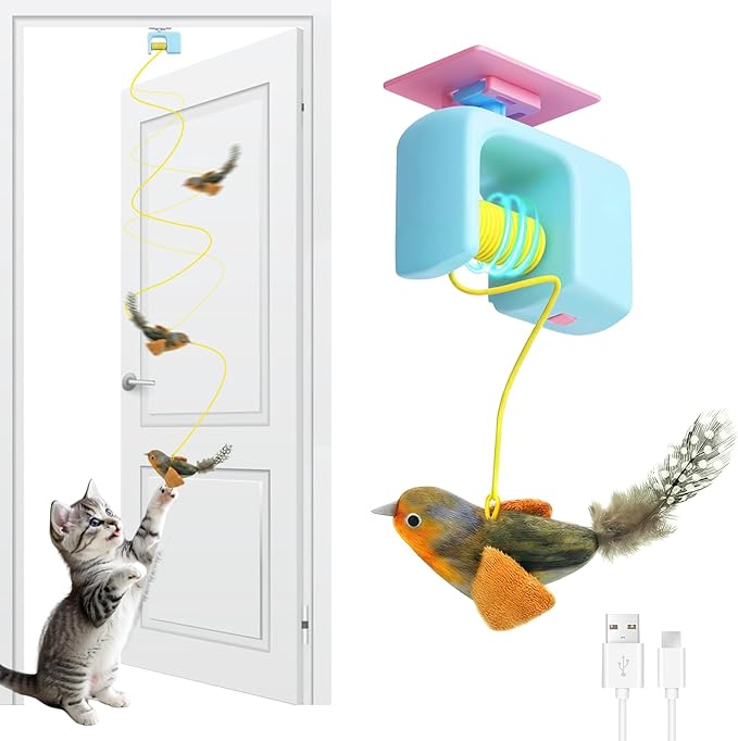 Interactive Cat Toys for Indoor Cats, Automatic Cat Hanging Toys for Bored Adult Cats, Cat Toys Realistic Bird with Catnip and Feather Chase Exercise Door Frame Cat Self Play Toys Blue
