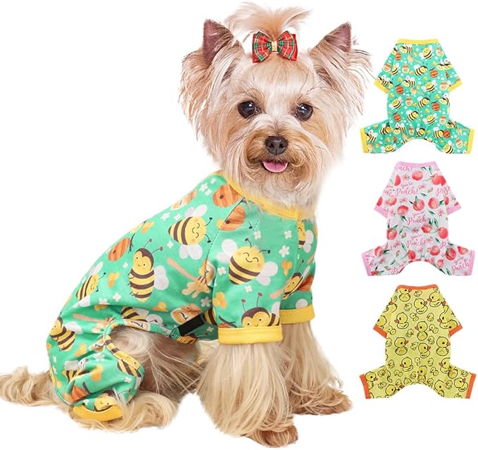 Yikeyo Dog Pajamas Small Sized Boy Girl, Cotton Stretchable Pet Clothes Jammies Puppy Outfits for Dogs Female Male, Spring Summer Doggie Pjs Doggy (Bee Green, M)