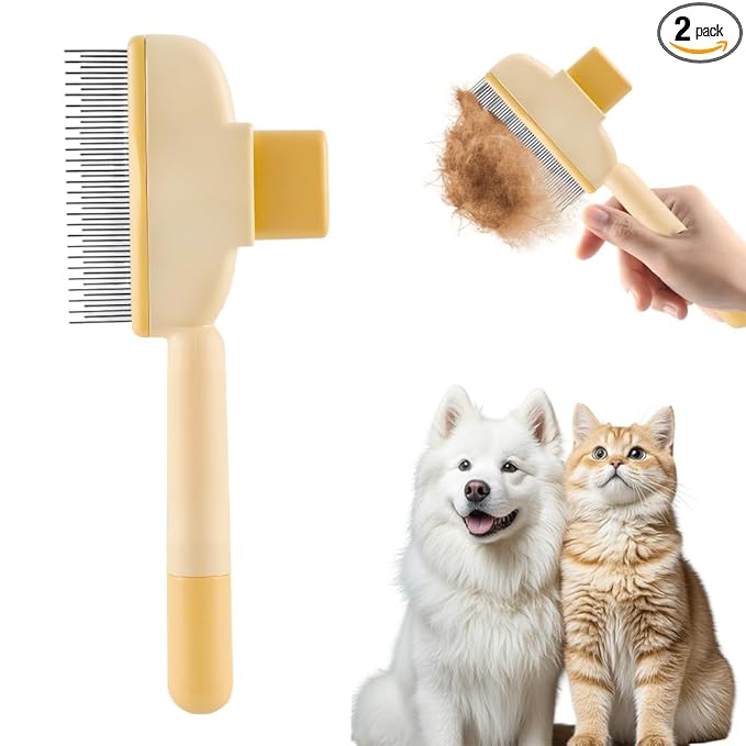 Cat Self Cleaning Pet Hair Removal Comb, 2026 New Cat Grooming Brush, Pet Comb with Long Short Stainless Steel Metal Teeth, Pet Grooming Supplies for Cat, Dog (2, Yellow)