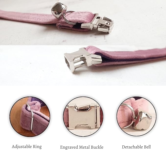 Personalized Cat Collar with Custom Name Plate with Bell, Adjustable Velvet Tough Nylon Cat ID Collars, Customize Engraved Metal Buckle Pet Name and Number