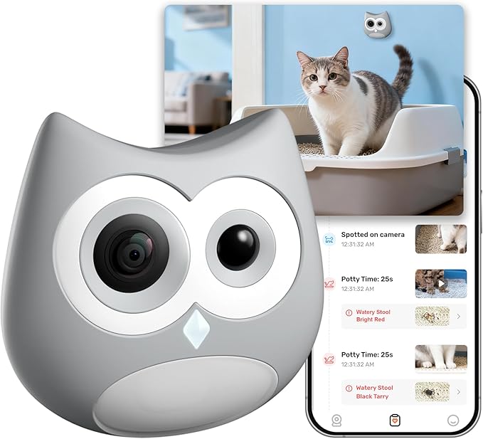 Litter Box Camera – AI Cat Health Monitoring, Records Cat's Toileting Behavior, Abnormal Alerts, Fits Automatic & Standard Litter Boxes, Multi-Cat Support, Cat Cam with Night Mode(Gray)