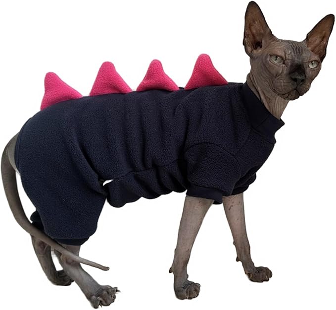 Four Leg Dinosaur Sphynx Cat Clothes Pjamas Hairless Cat Warm Polar Fleece Jumpsuit Elastic Pet Clothes for Sphynx Cat Surgery Recovery Suit Hairless Cat Shirt for Devon, Cornish (Black, Small)