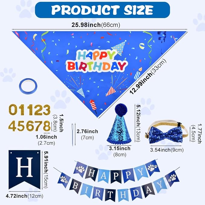 Cat Birthday Party Supplies, Adjustable Cat Birthday Hat with Numbers, Bandana, Bow Tie, Banner for Cat Kittens Decorations, Fun Pet Celebration Kit(Color:Blue)
