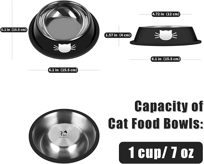 Serentive 2 Pcs Non-Slip Stainless Steel Small Cat Food Bowls - Unbreakable, Thicken 7 Oz Cat Dishes - Indoor, Removable Rubber Base, Easily Clean, Lovely Color