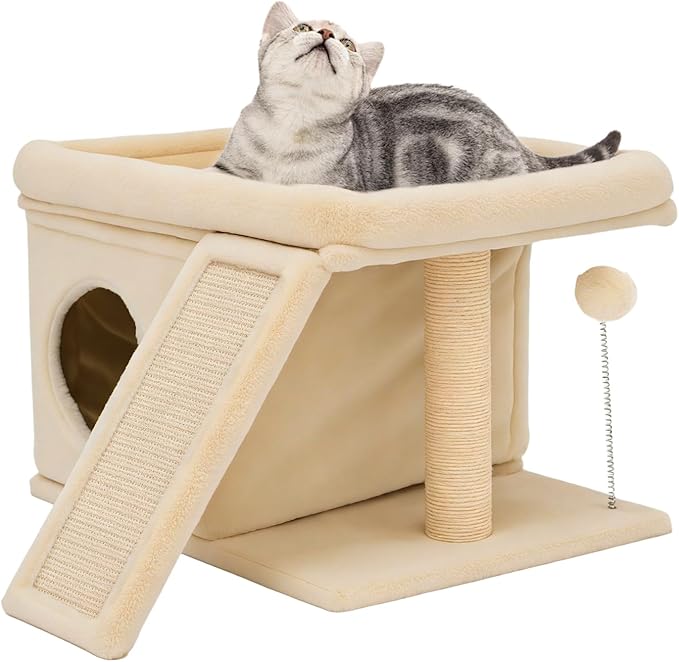 Cat Tree, Compact Cat Tree for Small Spaces, Heavy Duty Cat Tower for Large Cats,Small Cat Tower with Cat Scratching Post & Bed, Cat Condo Climbing Furniture for Indoor Cats (Off-White)