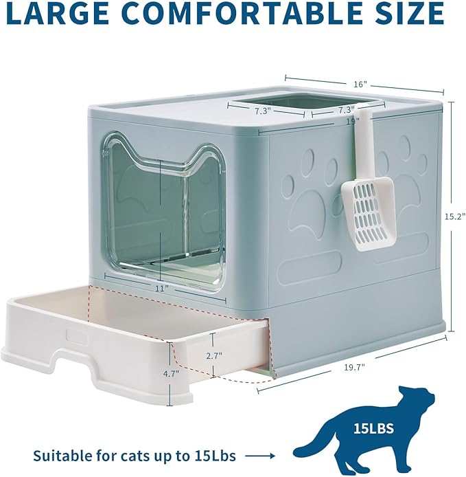 Medario Cat Litter Box with Litter Mat and Scoop, Large Covered Litter Box with Lid, Enclosed Kitty Box, Front Entry Top Exit, Odor Control, Easy to Clean (Blue)
