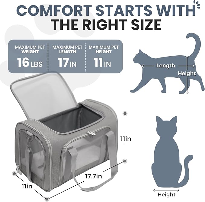 Soft-Sided Cat Carrier Expandable Pet Carrier Airline Approved Mesh Travel Carrier Up to 15lbs for Cats Small Dogs Collapsible Escape-Proof with Shoulder Strap (18x11x11 Gray)