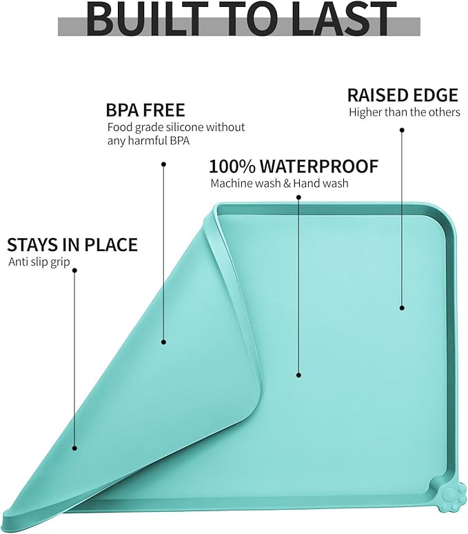 Reopet Waterproof Pet Feeding Mat, Non-Slip Silicone Placemats for Dog Cat Food and Water Bowl, High Raised Edges to Prevent Spills and Protect Floors