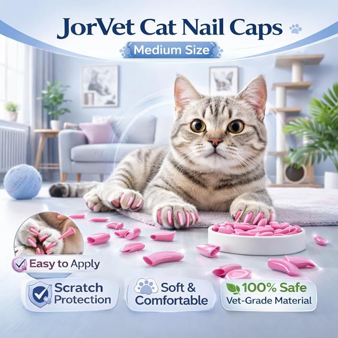 JorVet Cat Nail Caps (100pcs) | Soft Claw Covers for Indoor Cats to Stop Scratching and Protect Furniture | Easy to Apply, Safe, Non-Toxic with Durable and Comfortable Quality | Medium | Pink