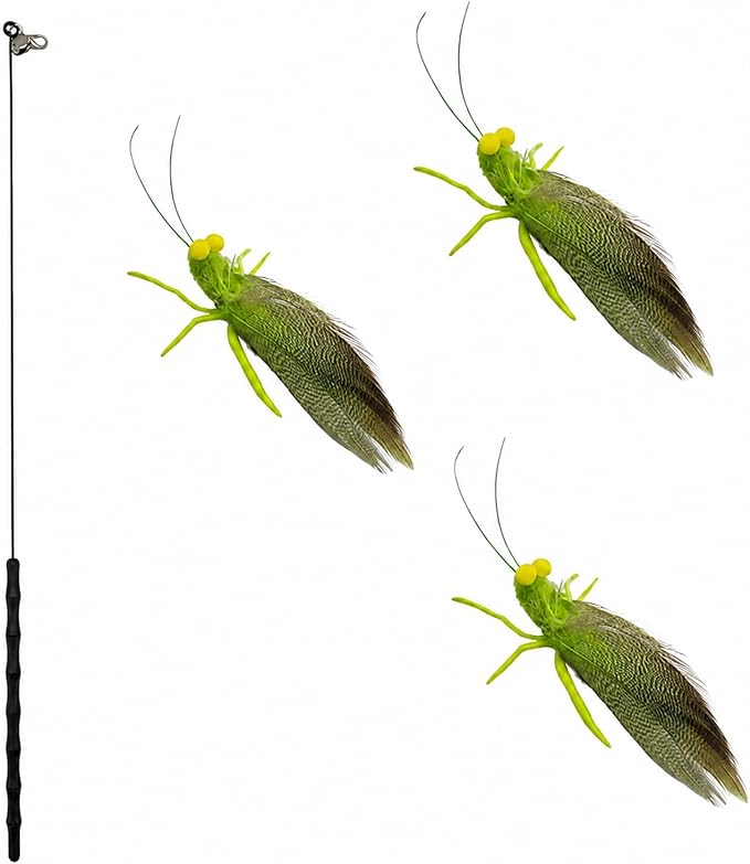 Cat Teaser Wand with 3 Grasshopper Tops, 16.5” Interactive Cat Fishing Pole Toy, Bug on String Toy for Indoor Kittens, Fun Exercise & Play