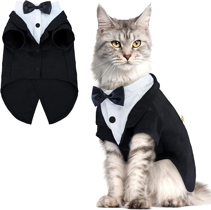 QBLEEV Cat Tuxedo Outfit, Formal Cat Suit Costume with Bow Tie, Sphynx Hairless Clothes for Cats Only, Kitten Wedding Birthday Party Attire Apparel for Male Boy, Cute Small Pet Gentleman Formal Wear