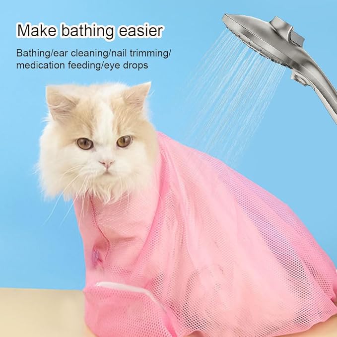 3-Pack Cat Grooming Mesh Bag, Adjustable Restraint for Bathing and Nail Trimming, Pink Blue Yellow