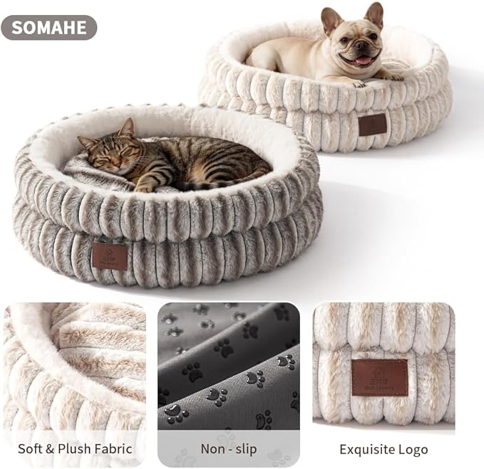 SOMAHE Cat Bed, Round Plush Faux Fur Donut Cuddler – Machine Washable Calming Cat Bed for Indoor Cats & Kittens, Removable Cushion Non-Slip Fluffy Kitten Bed, Cozy Small Cat Nest, 20" Inch White