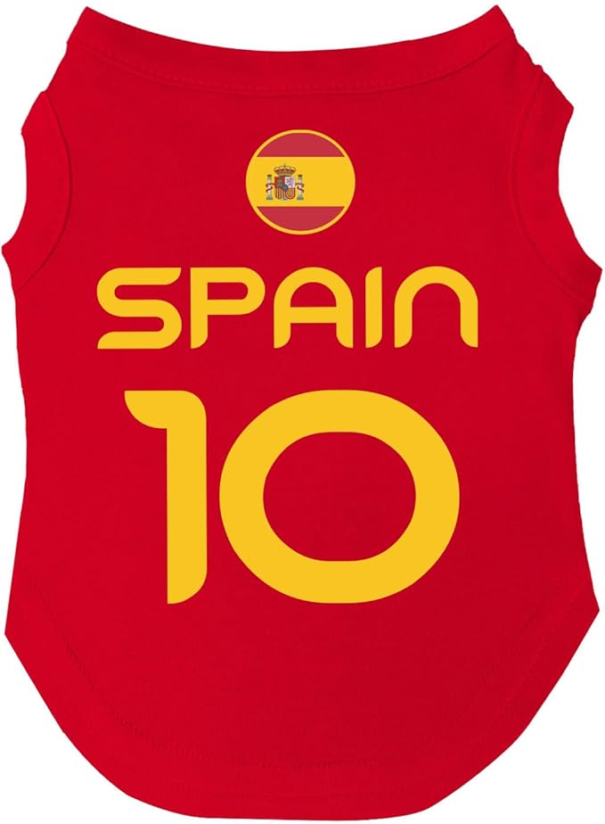 Spain Flag Soccer Jersey Style Dog Tee Shirt | Sleeveless Breeds | International Soccer | Game Day |Red, Small 1655