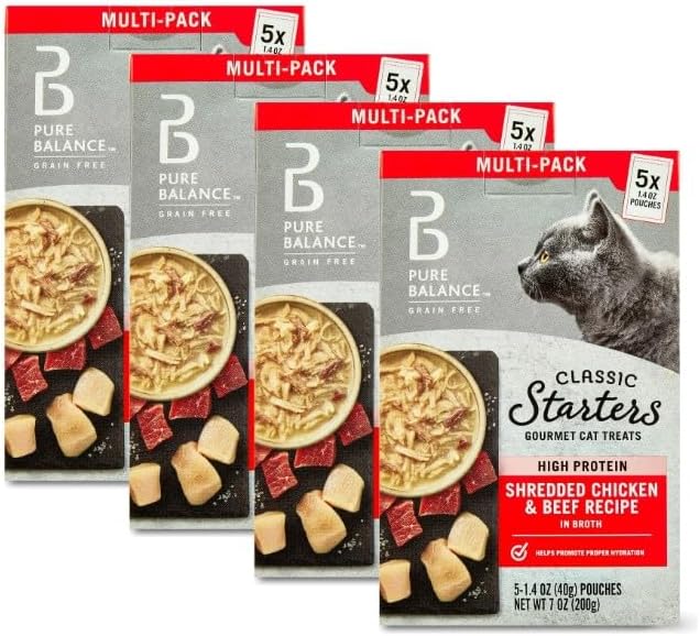 Pure~Balance Classic Starters Gourmet Cat Treats, Shredded Chicken & Beef in Broth, High Protein, Soft Treats ~ 5 Pouches of 1.4 Oz Inside, Wet Cat Treat Adult Cats ~ (4 Box) ~ (1 Pack)
