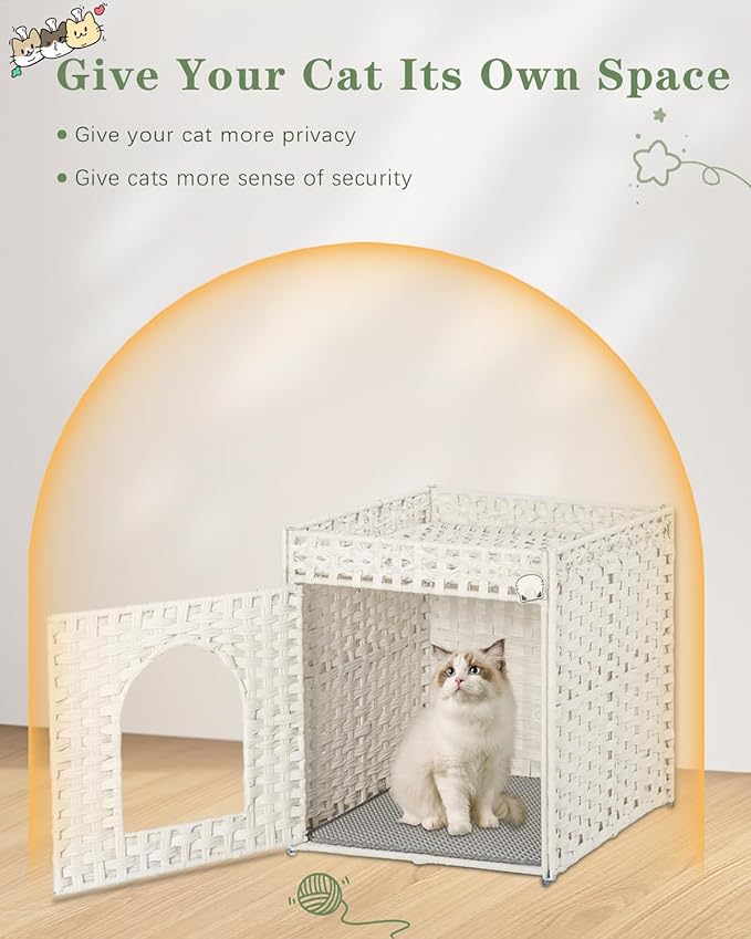 SETVSON Cat Litter Box Enclosure Furniture, Hidden Litter Box with Mat and Fence, Handwoven Rattan Cat House with Two S-Shaped Hooks for Living Room, Bedroom, 18.5 x 20.5 x 19.1 Inches (White