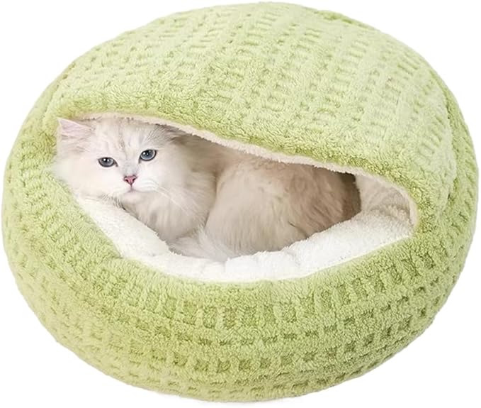 Plush Cat Bed Hooded Semi Enclosed Shell Shaped Pet Nest Cozy Warming Anti-Slip Small Dog Bed for Puppy and Kitten (Green, Large)