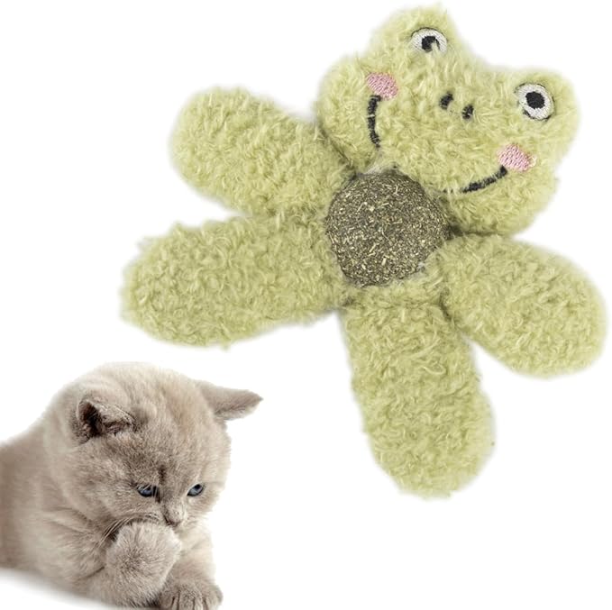 Plush Catnip Toys for Indoor Cats, Interactive Kitten Chew Toys for Teething & Dental Care, Durable Nylon Animal Shape Kicker Toy with Natural Catnip Ball for Boredom Relief (Frog)