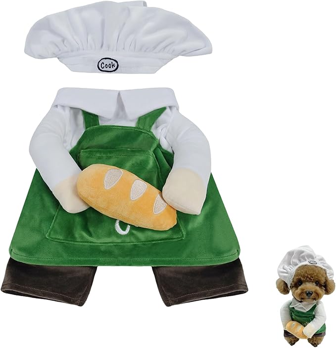Cat Costume Dog Clothes Chef Hat Apron Outfit with Bread - Photoshoot Pet Outfit for Small to Large Dogs or Cats, for Christmas (Small)