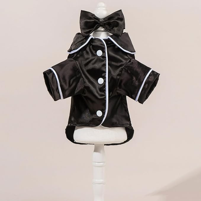 Cat Puppy Costume Elegant Satin Pajamas with Bow Headband 2PCs Set Pet Sleepwear Cute Pet Outfit Cosplay Partywear Photoshoots (Black Set,Medium)