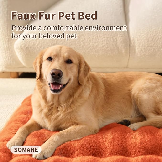 SOMAHE Large Dog Bed Mat, Extra Large Plush Faux Fur Washable Pet Bed for Large Dogs, Non-Slip Fluffy Dog Mat – Machine Washable XL Dog Sleeping Pad for Large Breeds, 35 x 27 Inch Orange