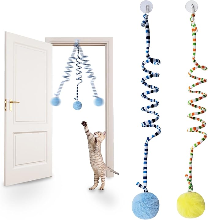 Andiker Cat Spring Toy, Self-Play Stretchable Door Hanging Cat Toy with Bell for Indoor Interactive Cat Toy, Soft Plush Ball with Spring Kitten Toy for Cat Kitten Playing Exercising (Yellow+Blue)